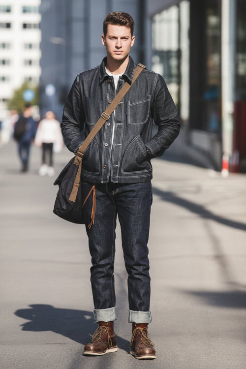 Person wearing a dark jacket, jeans, and boots with a face mask outdoors.