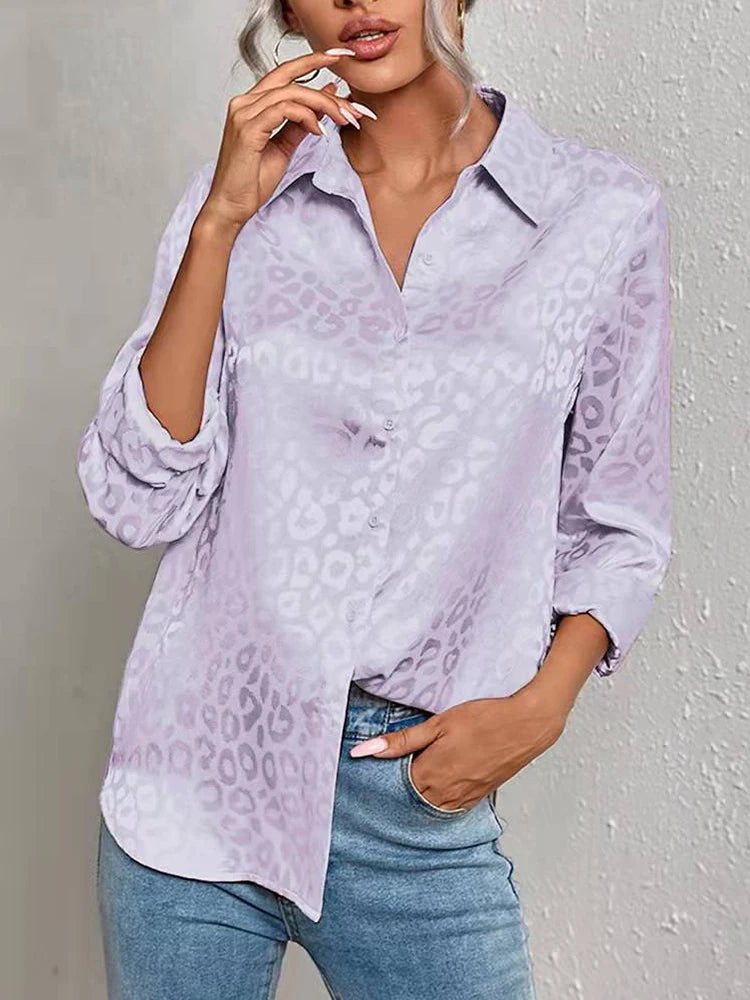 Women Leopard Print Luxury Blouse Spring Summer Long Sleeve Lapen Vintage Button Up Shirt Office Lady Satin Tunics Harajuku Top