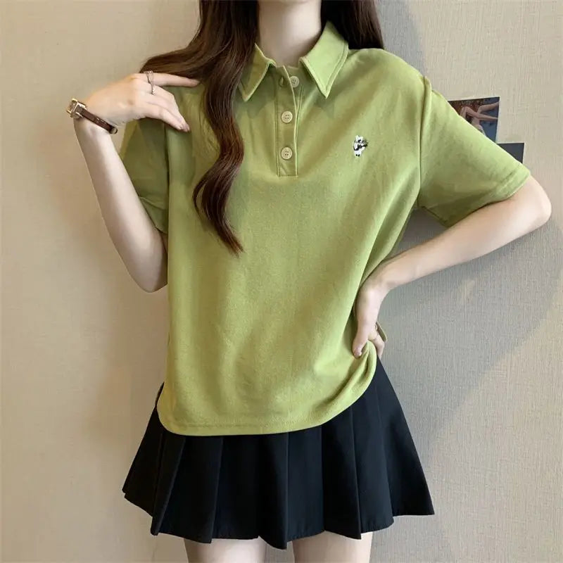 Pink Woman 100℅ Cotton Tshirt Embroidery Polo Neck T Shirt for Women Korean Clothing Y2k Fashion High Quality Youthful Elegant