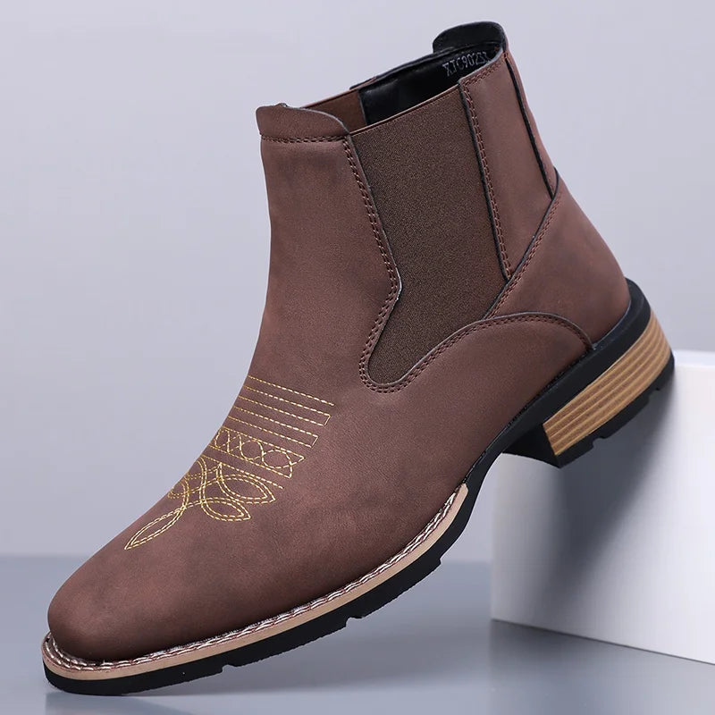 Retro Men Chelsea Boots Classic Brown Embroidery Boots High Quality Business Casual British Style Street Western Ankle Boots