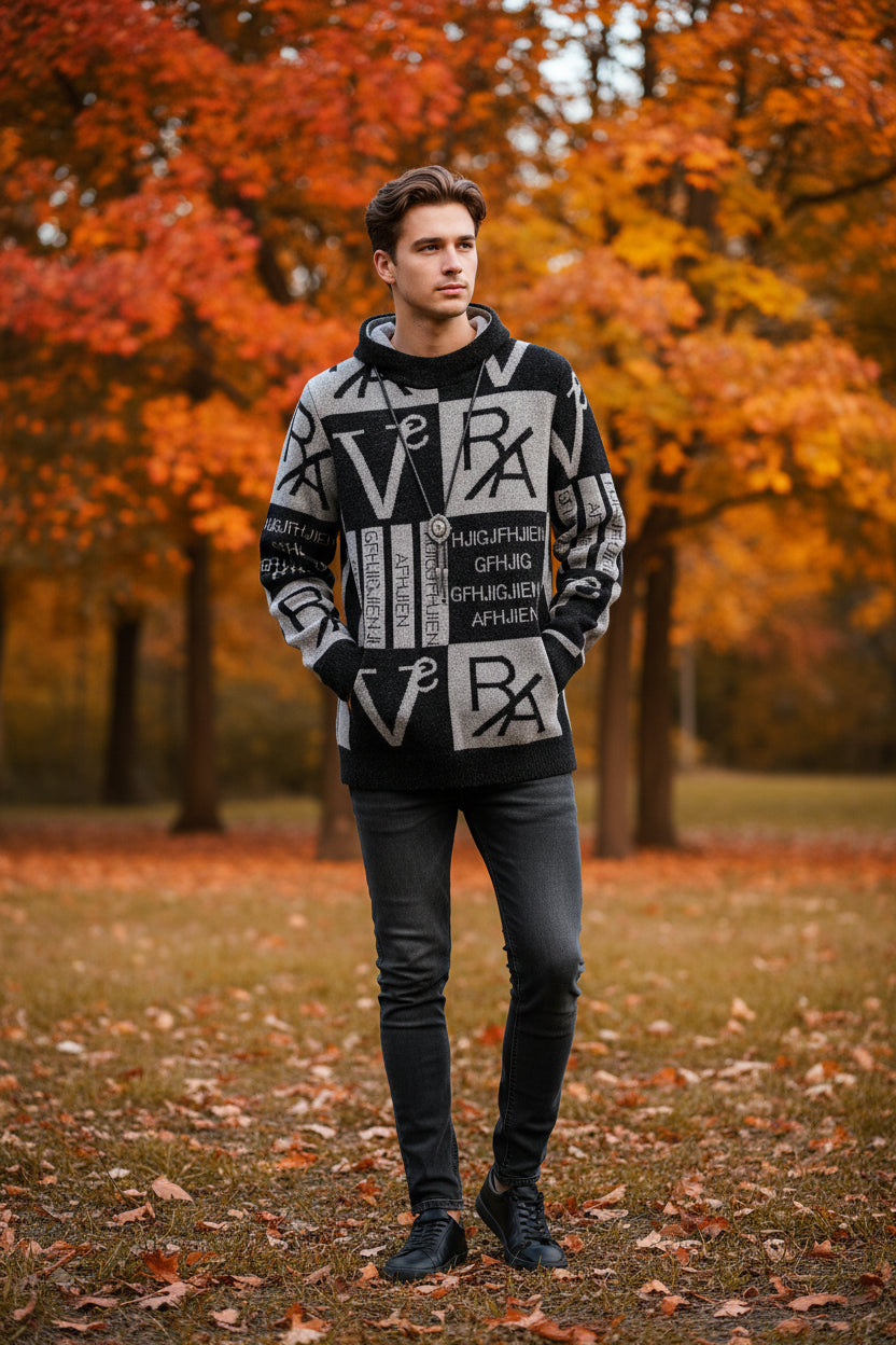 Black and white patterned sweater with text on a grid background