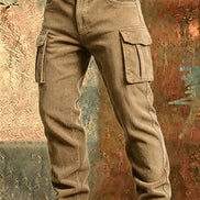A pair of men's cargo pants in a brown corduroy fabric, styled with a brown leather belt, shown against a textured, rustic background.
