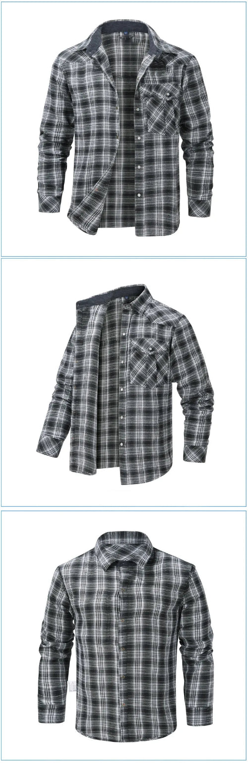 A men's long-sleeve plaid button-up shirt shown in three views against a plain white background. The shirt features a black, gray, and white checkered pattern, 