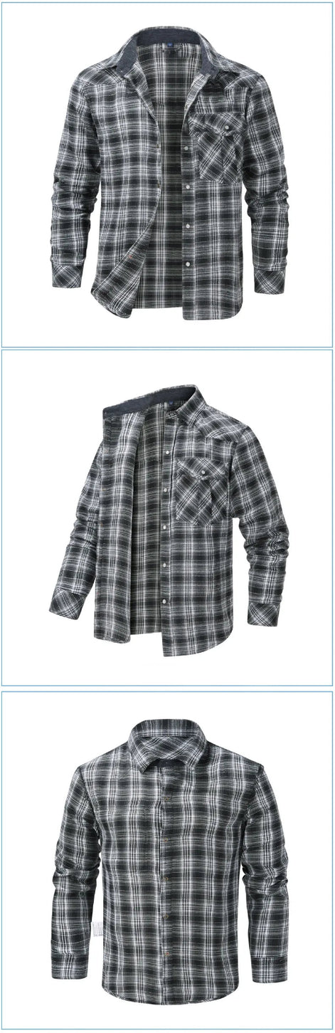 A men's long-sleeve plaid button-up shirt shown in three views against a plain white background. The shirt features a black, gray, and white checkered pattern, 