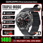 Smartwatch with features highlighted on a promotional graphic for GUHUAVMI.
