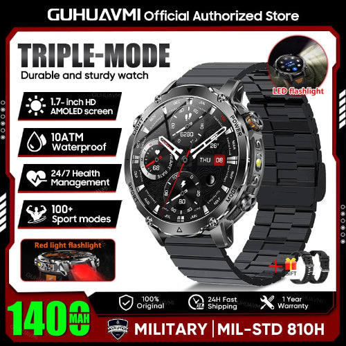 Smartwatch with features highlighted on a promotional graphic for GUHUAVMI.