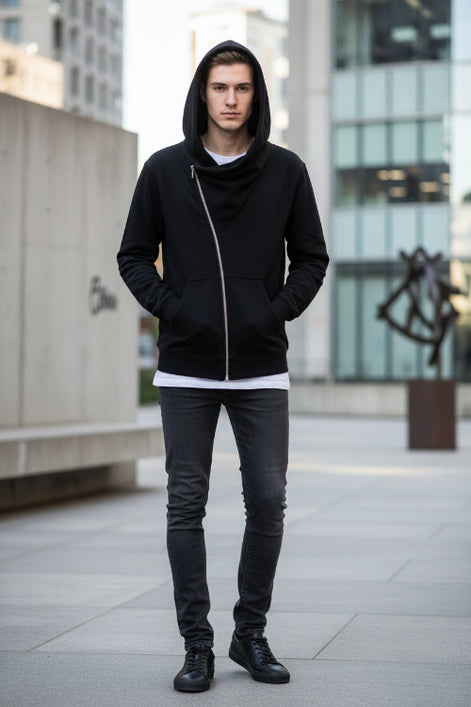 Black hoodie with a zipper on a white background