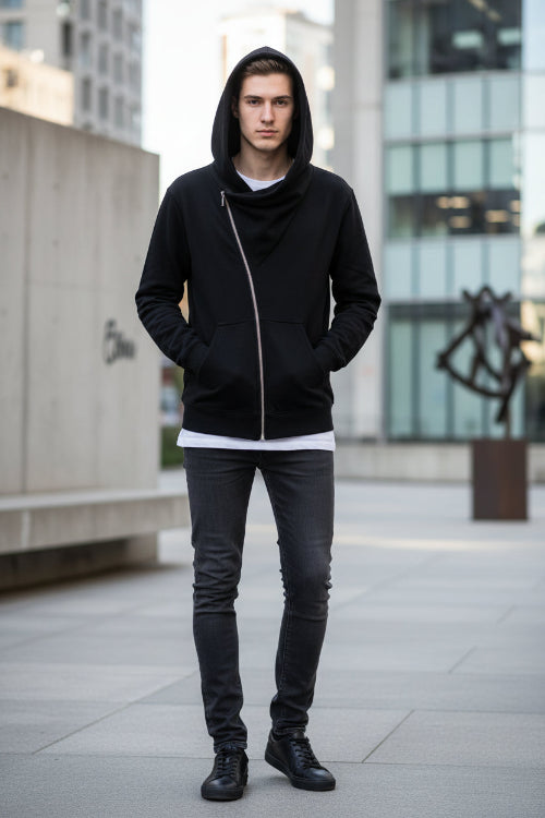 Black hoodie with a zipper on a white background