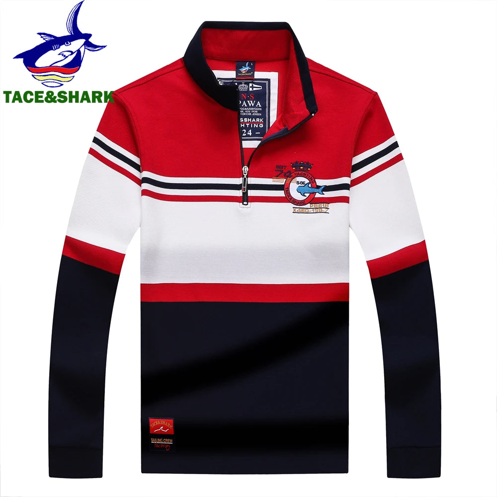 TACE&SHARK Brand Shark Fashion Men‘s Long Sleeve Stand Collar Polo Shirt Striped Breathable Cotton Casual Wear Business Style