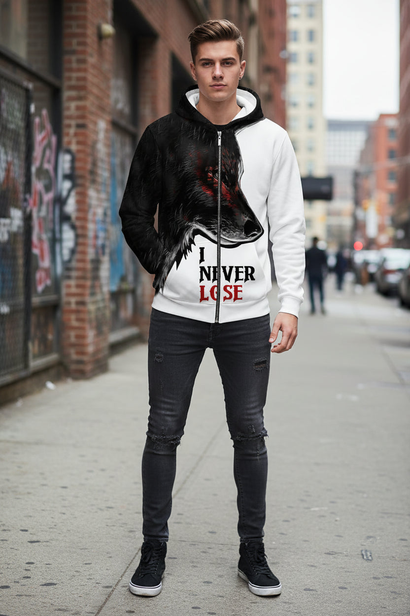 Hoodie with wolf design and 'I Never Lose' text on a white background