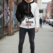 Hoodie with wolf design and 'I Never Lose' text on a white background