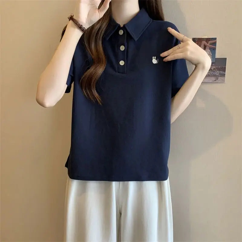 Pink Woman 100℅ Cotton Tshirt Embroidery Polo Neck T Shirt for Women Korean Clothing Y2k Fashion High Quality Youthful Elegant