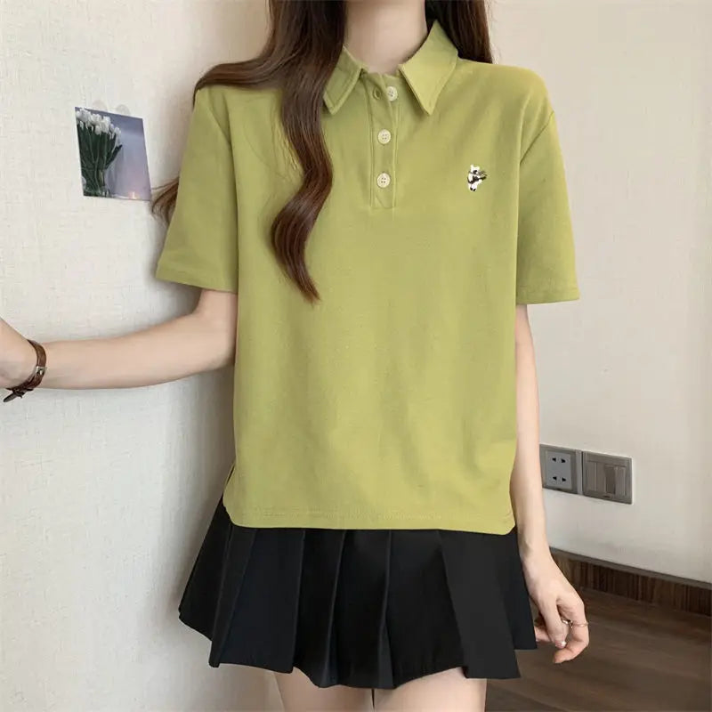 Pink Woman 100℅ Cotton Tshirt Embroidery Polo Neck T Shirt for Women Korean Clothing Y2k Fashion High Quality Youthful Elegant