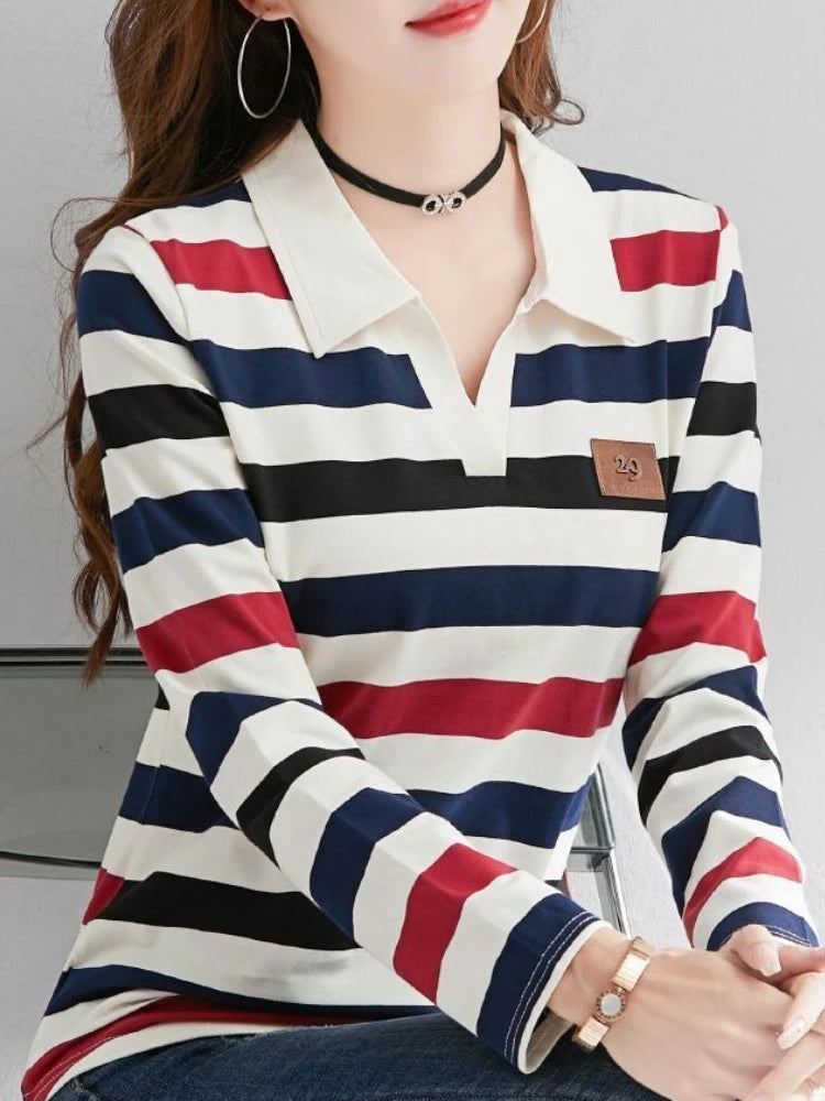 Slimming Striped Polo T-Shirt for Women 100% Cotton Long Sleeve Innerwear for 2026 Transitional Wardrobe