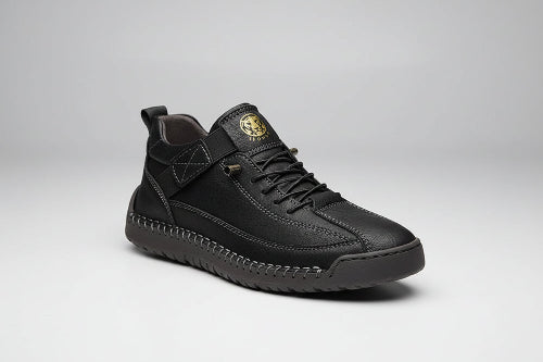 Black sneaker with a brand logo on a wooden block against a beige background