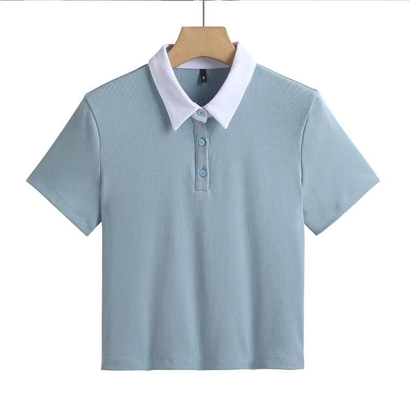 Summer New Cotton Polo Shirt Solid Color Polo Neck Short Sleeve High Waist Short Style Slim Fit Fashion Casual Women's Shirt