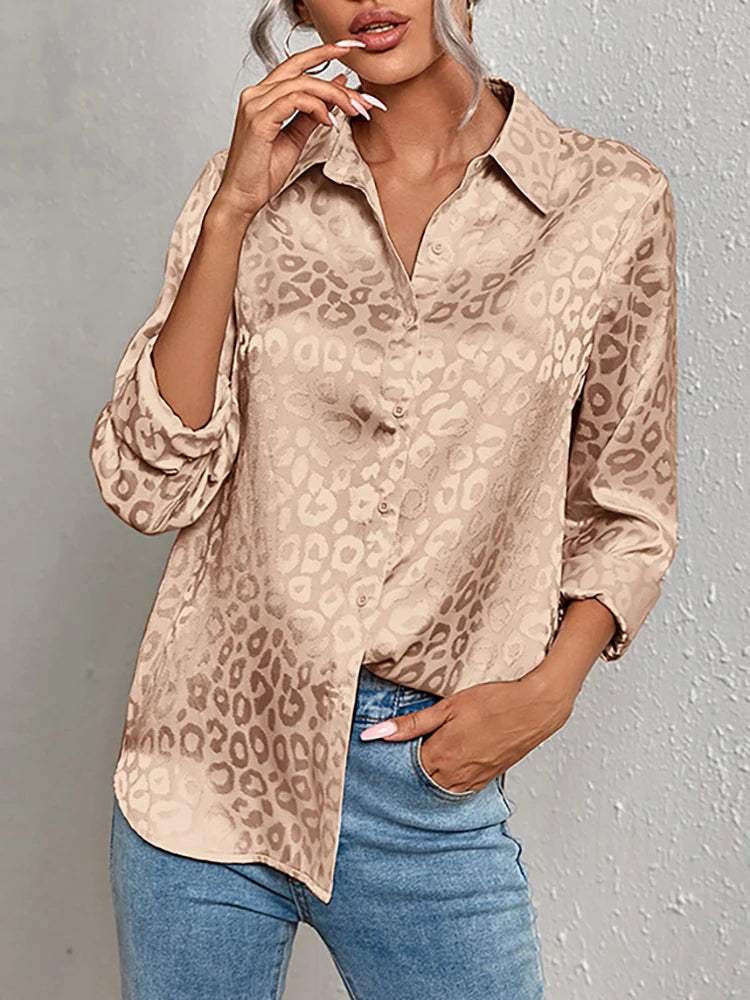 Women Leopard Print Luxury Blouse Spring Summer Long Sleeve Lapen Vintage Button Up Shirt Office Lady Satin Tunics Harajuku Top