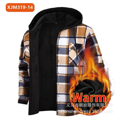 A hooded jacket with a plaid pattern in beige, brown, blue, and white, featuring a black fleece lining. The image includes a flame graphic 