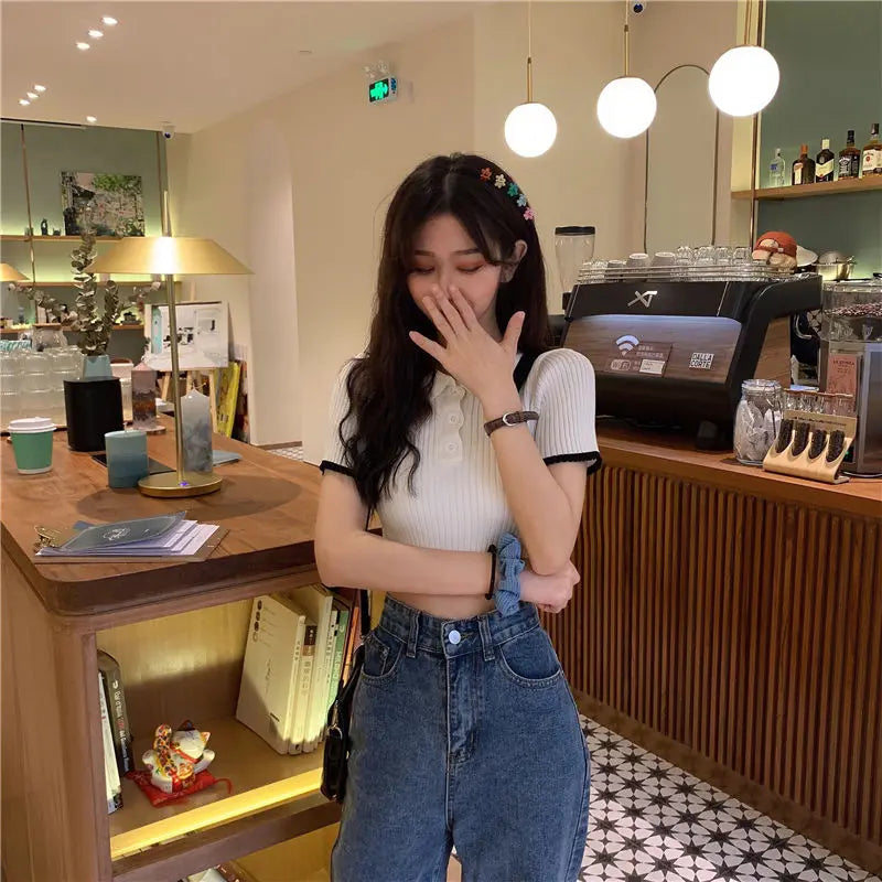 Women's Polo Shirts Sexy Crop Top Button Female Tee Knitted Slim with T-shirts Collar Korean Clothing Pulovers Trend 2025 Summer