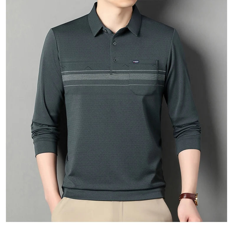 Luxury Wool Blend Fabric Men's Long Sleeve Polo  Classic