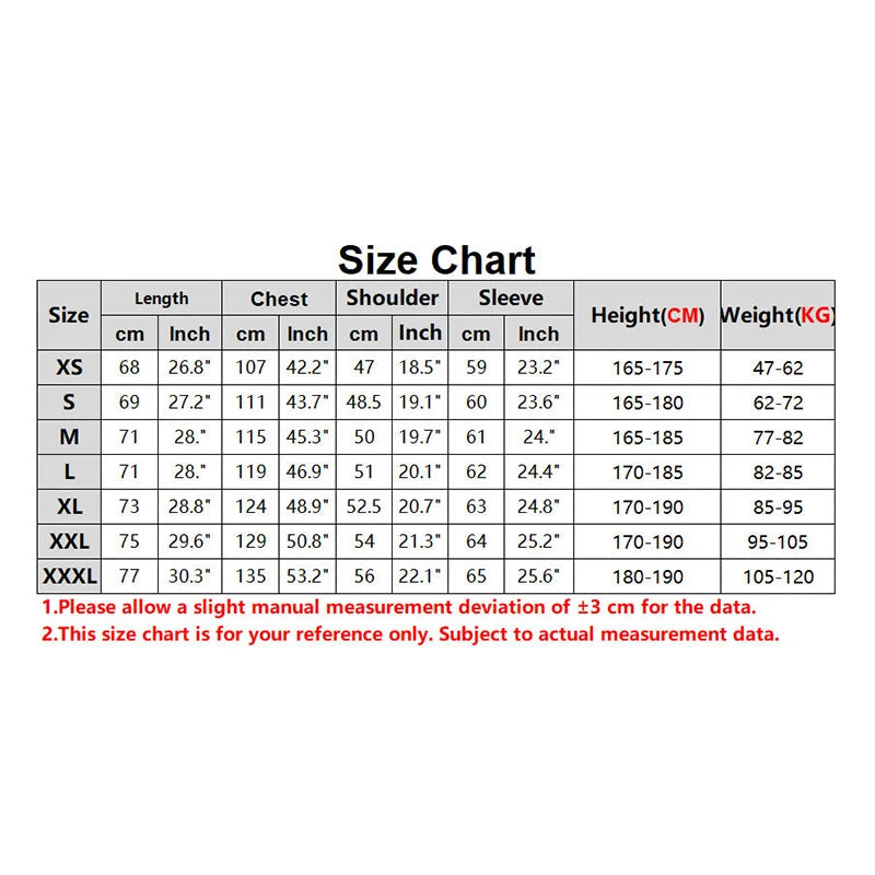 Size chart for clothing measurements in centimeters and inches on a white background