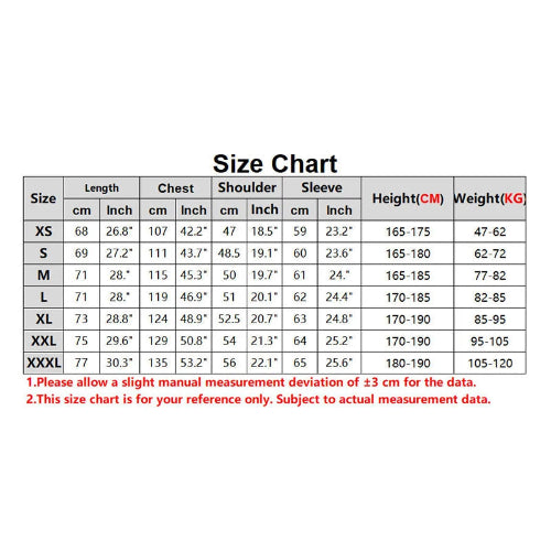 Size chart for clothing measurements in centimeters and inches on a white background