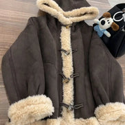 Brown hooded jacket laid flat with cream fleece-look trim along the hood, front, cuffs and hem, toggle fastenings and front pockets