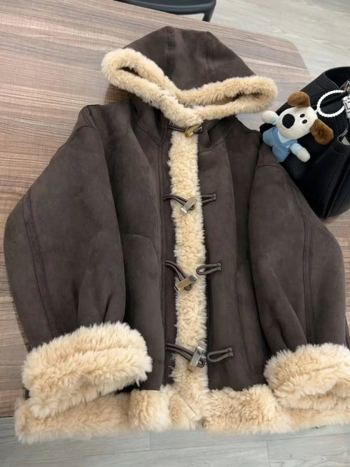 Brown hooded jacket laid flat with cream fleece-look trim along the hood, front, cuffs and hem, toggle fastenings and front pockets