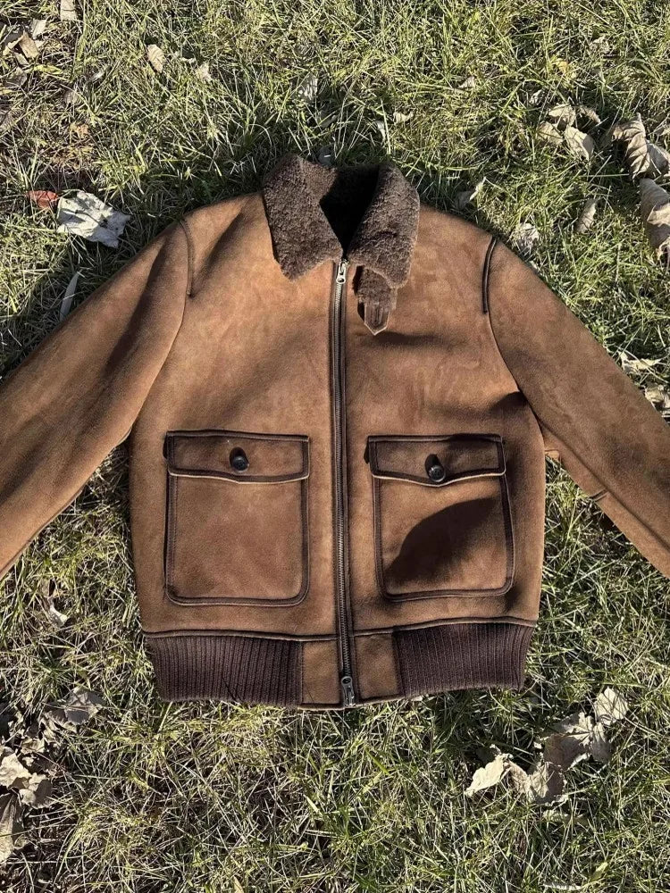 Luxury Genuine Leather Suede Men Jacket Wool Lining Coat Retro Winter Warm Sheepskin Jackets Turndown Collar Real Fur Outerwear