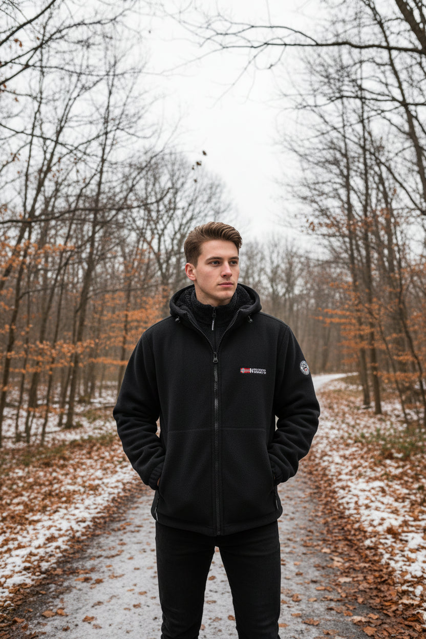 Black jacket with brand logo on a white background