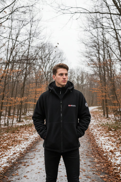 Black jacket with brand logo on a white background
