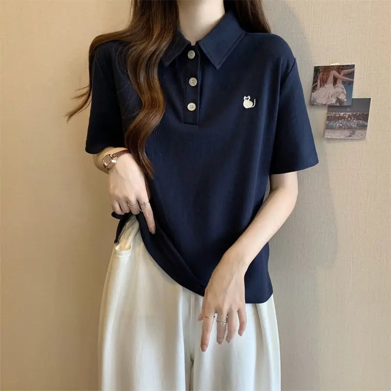 Pink Woman 100℅ Cotton Tshirt Embroidery Polo Neck T Shirt for Women Korean Clothing Y2k Fashion High Quality Youthful Elegant