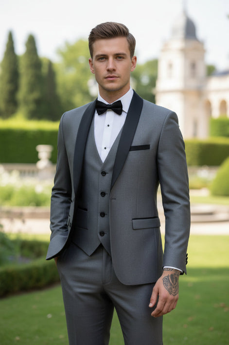 Gray tuxedo with black lapels and bow tie on a gray background
