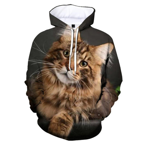 A pullover hoodie with an all-over printed photo of a fluffy brown tabby cat, shown on a plain white background.