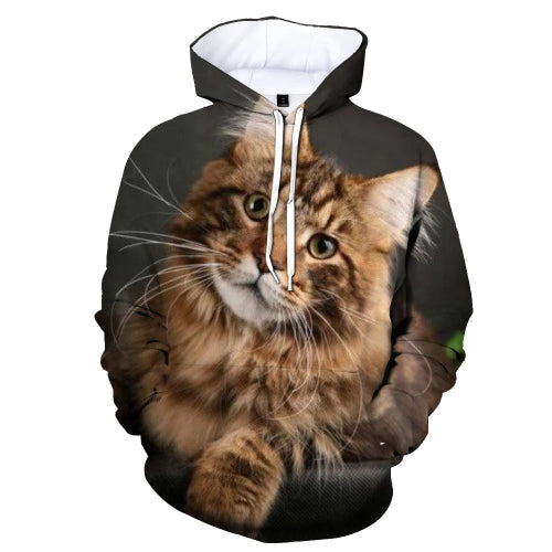 A pullover hoodie with an all-over printed photo of a fluffy brown tabby cat, shown on a plain white background.