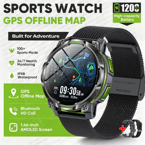 A rugged smartwatch with a black mesh strap and metallic black case, shown on a white background with green feature callouts. 