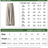 A size chart and height-and-weight recommendation table for wide-leg pants, with a small inset photo of the pants on a model. The chart lists sizes M through 5XL