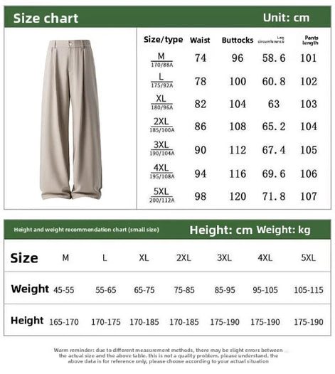 A size chart and height-and-weight recommendation table for wide-leg pants, with a small inset photo of the pants on a model. The chart lists sizes M through 5XL