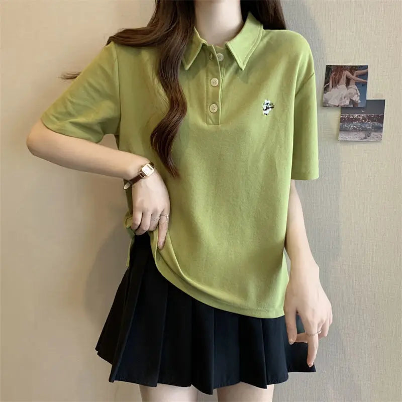 Pink Woman 100℅ Cotton Tshirt Embroidery Polo Neck T Shirt for Women Korean Clothing Y2k Fashion High Quality Youthful Elegant