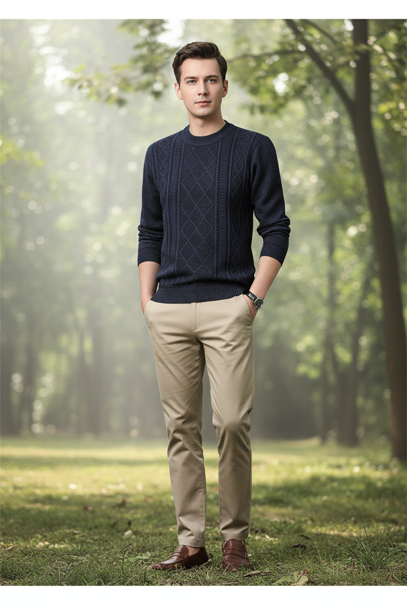 Navy blue cable knit sweater worn by a person on a gray background