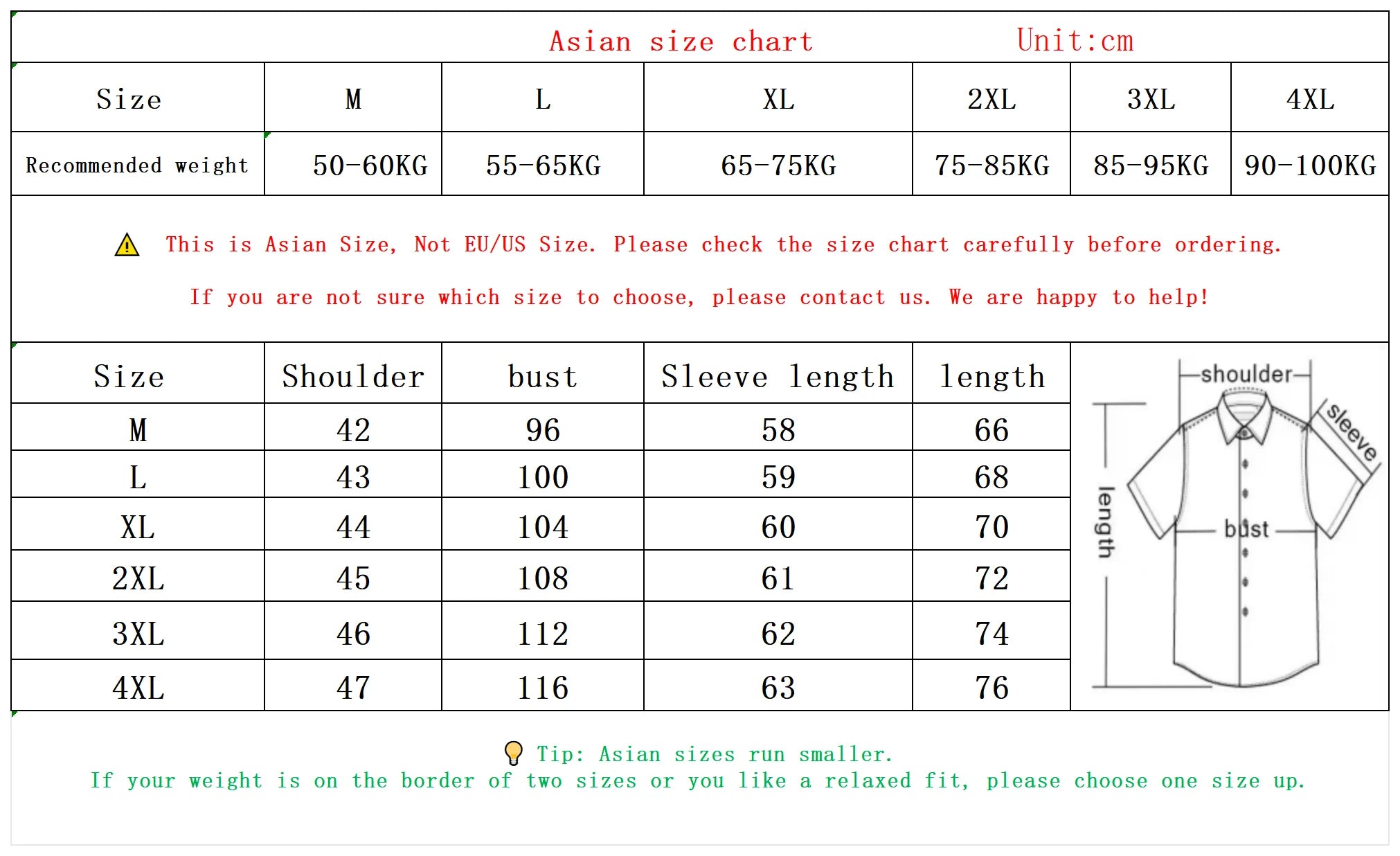 Asian size chart for shirts with measurements in centimeters and recommended weights.