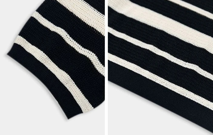 Women High Stretch Polo Shirt 2026 Stripe Short Sleeve Top Casual Color Block Splicing Openwork Knit Blouse