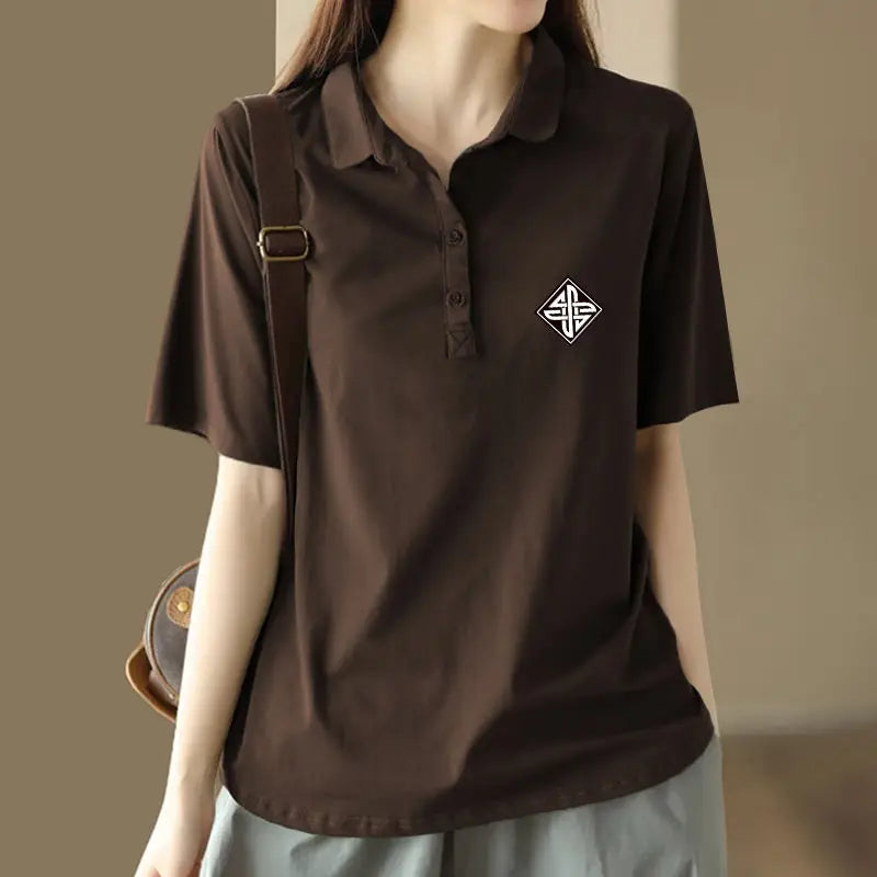 Summer Outfit Youthful Printing Women's Polo Shirts Lapel Button T-shirts Korean Clothing Elegant Baggy Short Sleeve Female Tee