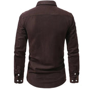 A men's long-sleeve button-up shirt shown from the back, in a solid dark brown color, displayed on a clean white background.