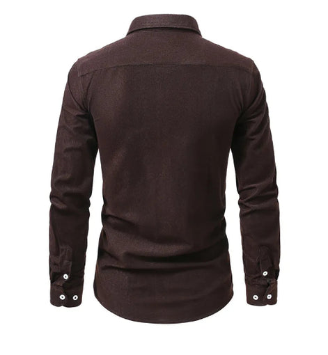 A men's long-sleeve button-up shirt shown from the back, in a solid dark brown color, displayed on a clean white background.