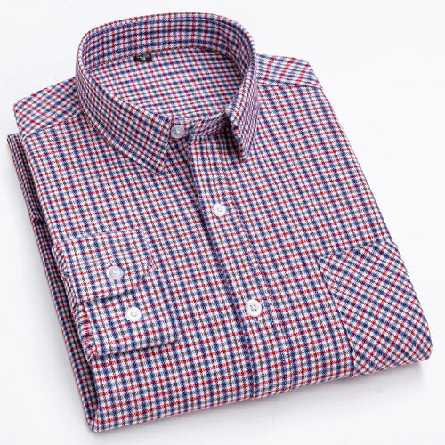 A folded long-sleeve button-down dress shirt with a red, blue, and white micro-check pattern, displayed on a clean white background.