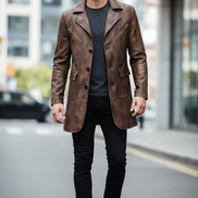 A men's brown faux-leather blazer jacket with a distressed finish, featuring a notch lapel, three front buttons, 