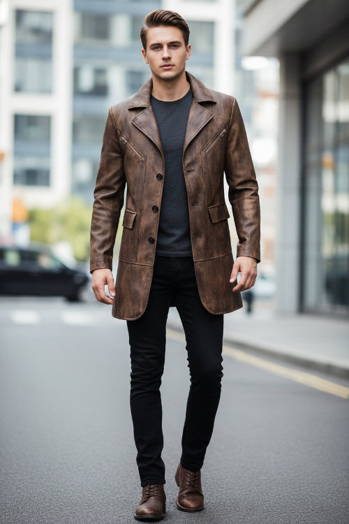 A men's brown faux-leather blazer jacket with a distressed finish, featuring a notch lapel, three front buttons, 