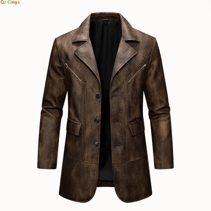 Men's Brown PU Jackets with Lapels for Fall and Winter, Dark Gray Faux Leather Coats for Spring, European Sizes S–XXXL.