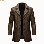 A men's brown faux-leather blazer jacket with a distressed finish, featuring a notch lapel, three front buttons, and zippered chest pockets, displayed on a white background.